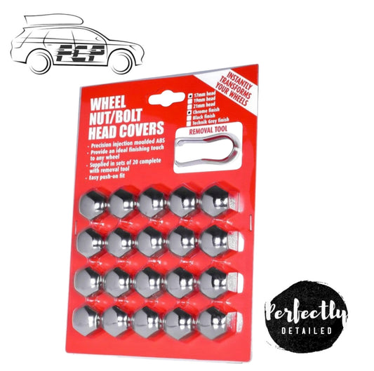 17mm Hex Push-On Nut & Bolt Covers CHROME Plastic 20pc with Puller