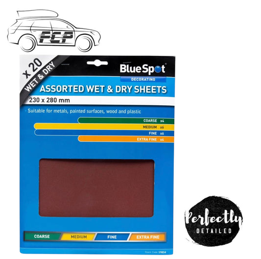 Bluespot 20pc Mixed Assorted Wet & Dry Sandpaper 80, 120, 240 & 500