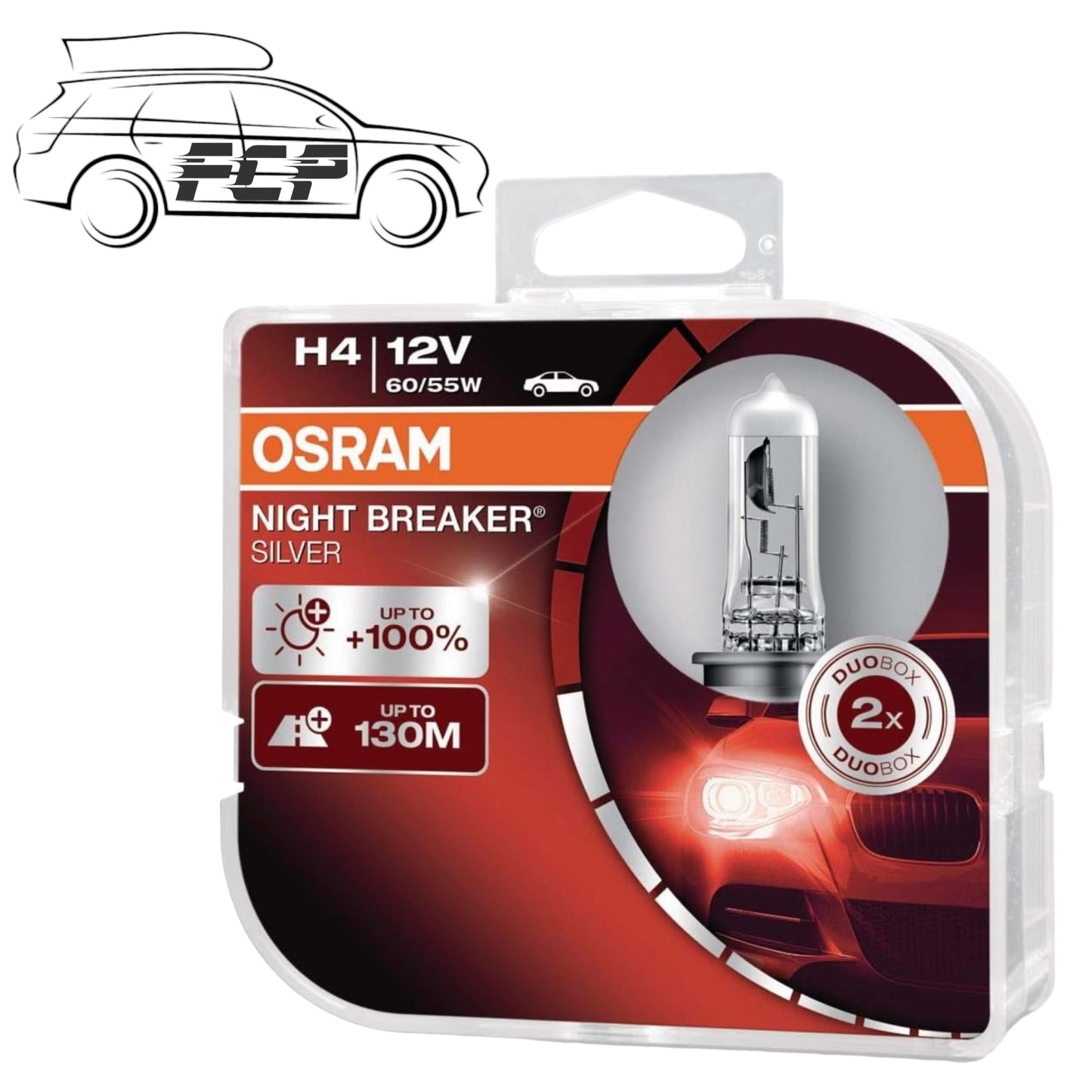 OSRAM H4 472 12V 60/55W Night Breaker Silver +100% Car Headlight Bulbs Twin Pack